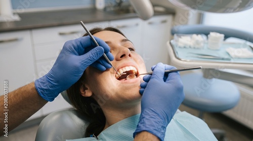 Professional dentist examining teeth of a patient using a small metal mirror and sharp tool
