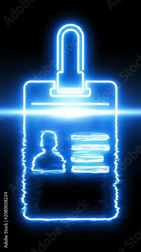 Blue neon glowing outline of an identification badge.