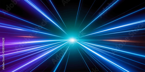 Foto Light trails of neon blue and purple streaks radiate from a bright central glow, creating a sense of speed and futuristic motion