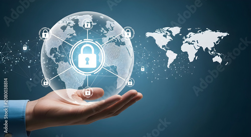 A hand holds a glowing globe with a padlock surrounded by icons.