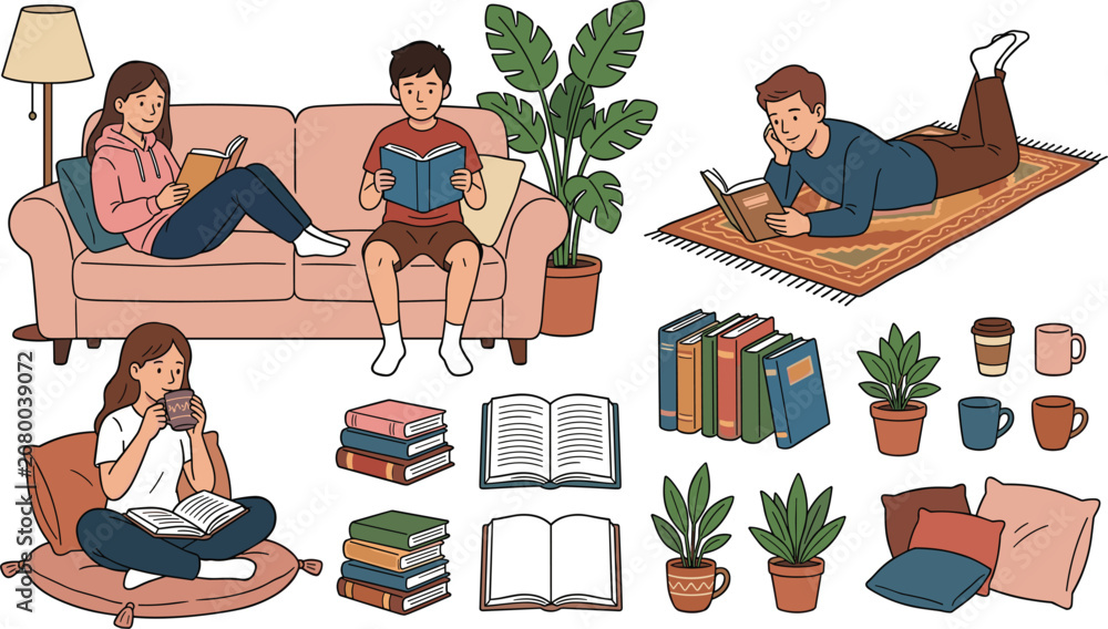 Fototapeta premium Cozy home reading vector element set with people studying books, relaxing on sofa, drinking coffee, and interior plant deco