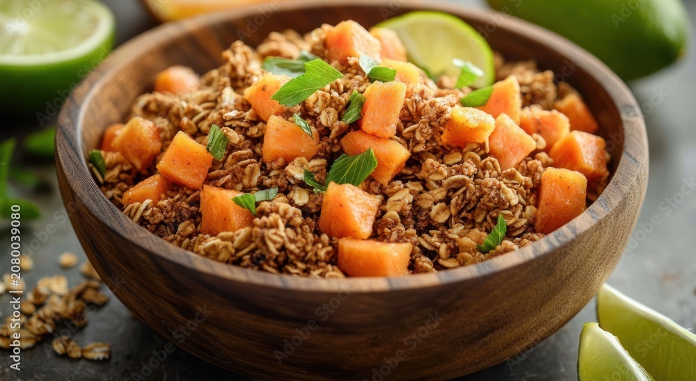 Fototapeta premium Inviting fresh granola with crunchy oats, diced cantaloupe, bright mint leaves and lime wedges served in a wooden bowl