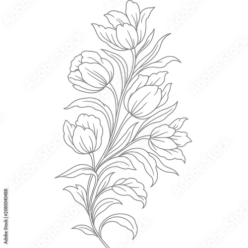 Elegant floral arrangement with tulips and leaves in a line art style