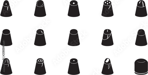 Fotografía Collection of black thimble icons on white background.