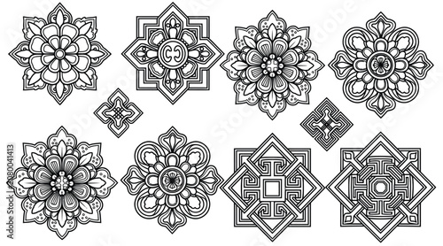 Set of traditional korean patterns, floral and geometric ornaments