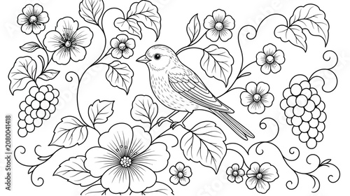 Black and white coloring page with a bird, flowers, and grapes
