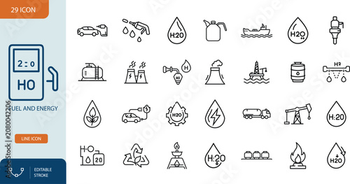 Fuel and Energy Line Icons Set 40 Editable Stroke Vector Symbols for Oil, Gas, Power, and Renewable Industry. Vector illustration