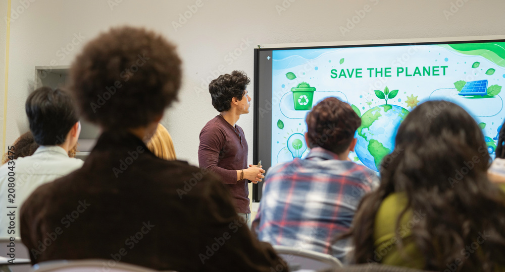 Obraz premium Young man teaching students about ecology and climate change during a green presentation