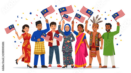 Happy Group of Friends and Family Holding Flags Celebrating Together with Smiles, Joy, and Holiday Fun at a Colorful Party