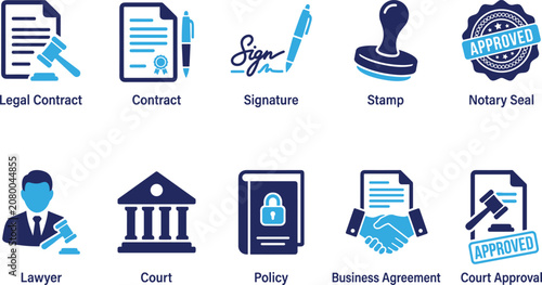 Schilderij op canvas legal contract signature stamp notary seal lawyer court policy business agreement court approval vector icon set