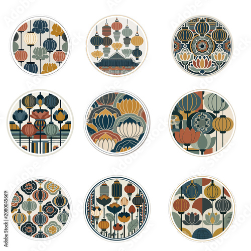 Set of modern traditional Korean circular emblems with lanterns, lotus, and cranes vector illustration