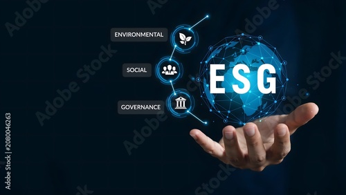 Hand Presenting Glowing ESG Globe with Environmental Social and Governance Icons