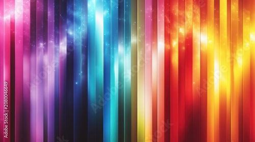 Vibrant vertical light pillars in rainbow spectrum with glowing bokeh and sparkling stars, creating an energetic and dynamic abstract atmosphere