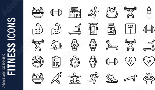 Fotografi Set of fitness icons and workout vector line graphics isolated on white backgrou