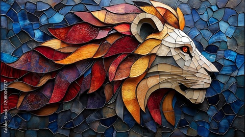 Lion mosaic head colorful art