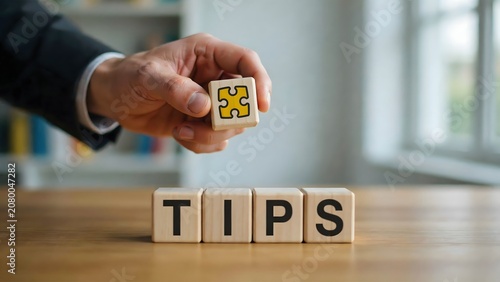 Hand Placing Cross Symbol Block on TIPS Wooden Blocks for Business Advice Concept