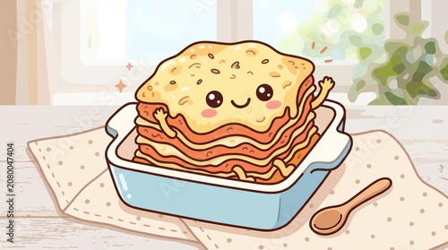 Kawaii Cartoon Lasagna Character with Smiling Face