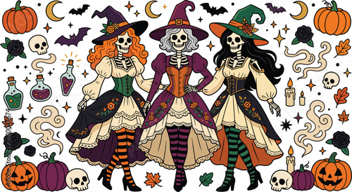 A beautiful witch with long dark hair riding a broomstick while holding a colorful cocktail drink surrounded by magical halloween elements
