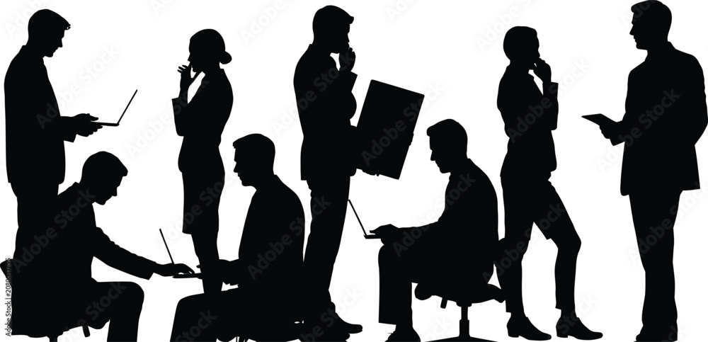Obraz premium Office worker silhouettes with laptops, computers, teamwork, professional collaboration, seated and standing positions, modern workplace technology vector illustration design