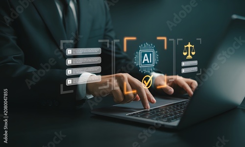 Businessman Using Laptop with AI Technology Icons Floating Above Keyboard in Office