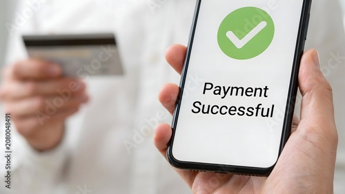 Person Holding Smartphone with Successful Payment Message and Credit Card for Digital Payment