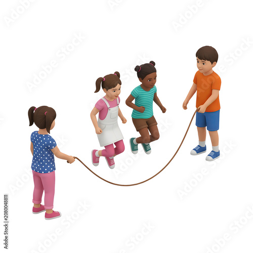 Group of children playing jump rope 3d render