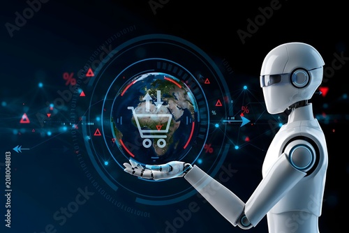 Futuristic Robot Presenting Shopping Cart with Globe for AI Powered Online Shopping Concept