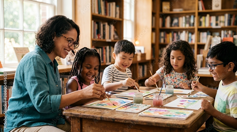 Obraz premium Teacher and diverse group of young children happily engaged in a painting activity at a wooden table in a library or classroom setting with bookshelves.