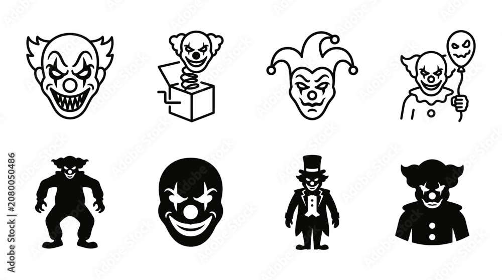 Obraz premium Set of evil clown and jester icons for horror themed graphic design projects with halloween character collection