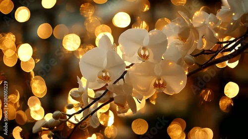 Beautiful white orchids illuminated by warm golden bokeh lights in a serene background