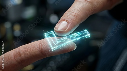 Human finger touching glowing blue holographic checkmark symbol floating between skin surface for digital identity.