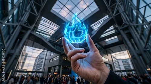 Human hand holding glowing blue thumb up icon inside bright modern glass building atrium with large metal structure.