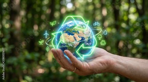 Human hand holding glowing earth globe with neon green recycling arrows and small ecological symbols in blurred forest.