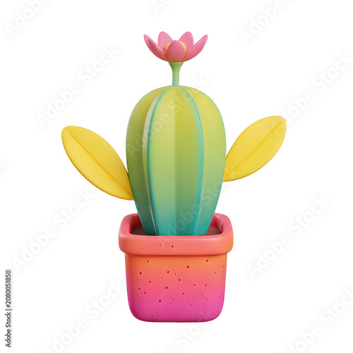 Stylized 3D Render of a Potted Cactus with a Flower