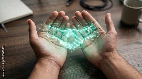 Human hands holding glowing digital handshake hologram projection over dark wooden desk surface near white coffee mug.