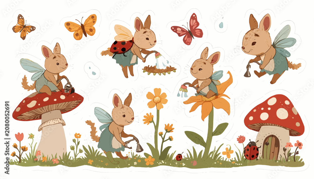 Naklejka premium Cute Kawaii Garden Fairy Animals Sticker Sheet Hand Drawn Vector
