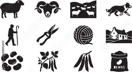 Photography Black and white line art collection of animals and objects.