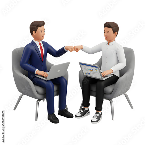 Two businessmen fist bumping while sitting with laptops