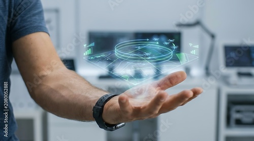Man holding glowing blue holographic map with drone flight paths and wireless signal strength icons on palm of hand.