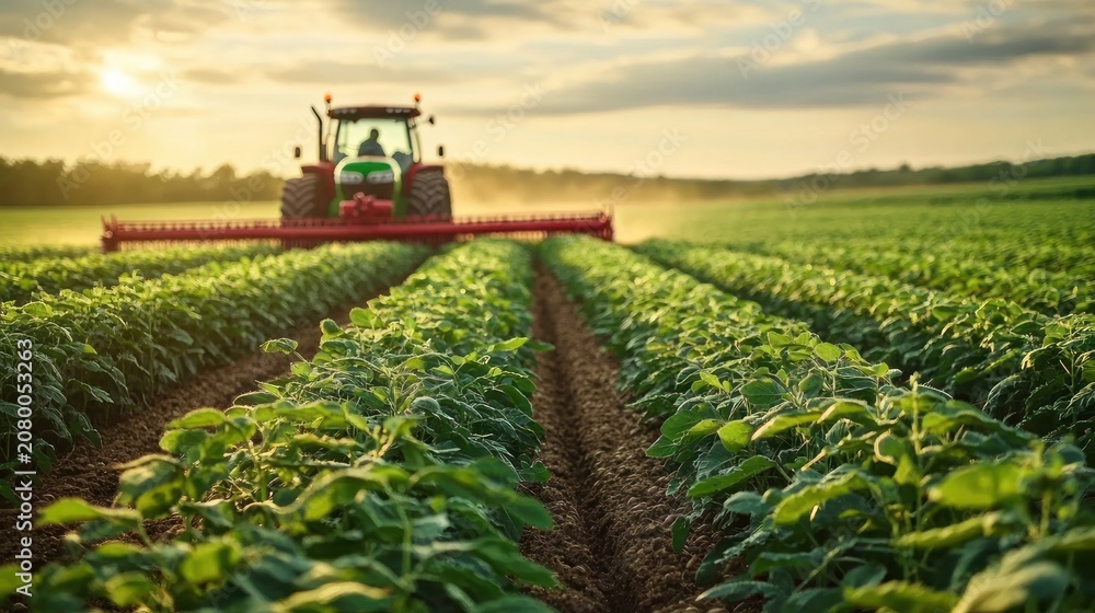 Obraz premium Tractor working through neat rows of young green crops in golden-hour light over flat farmland, peaceful and productive mood