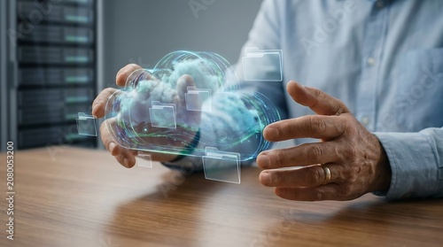 Person holding glowing digital cloud storage interface with floating file folders between hands above wooden desk.