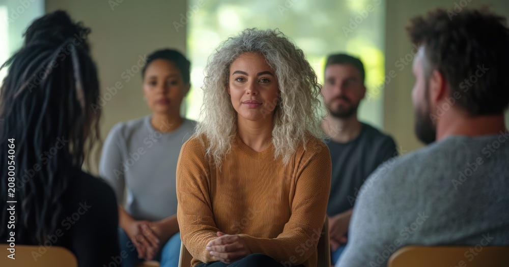 Fototapeta premium adults seated in a small support group circle in a softly lit room, woman with gray curly hair looking thoughtful and reflective, calm empathetic atmosphere
