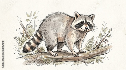 Raccoon standing on a tree branch.
