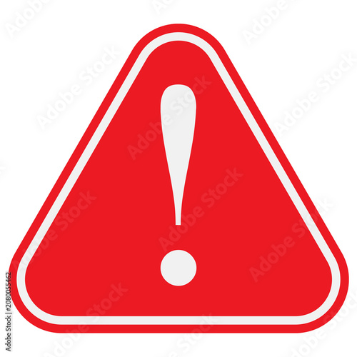 Red triangle warning alert icon with white exclamation mark isolated on white background