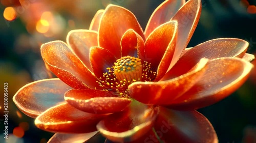 Vibrant red lotus flower blooming in a serene garden, surrounded by soft bokeh lights