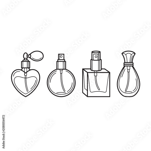 Set of four outline perfume bottle illustrations in various shapes with fragrance, cosmetic