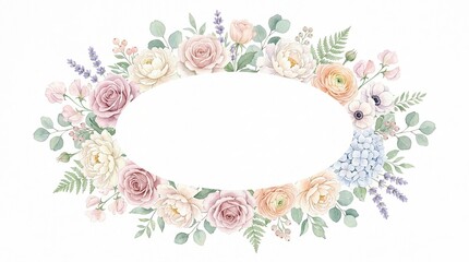 Elegant Floral Oval Frame, Watercolor Roses and Eucalyptus Border, Romantic Wedding Invitation Design Element, Pastel Garden Wreath isolated on White Background