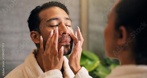 Quadro su tela Couple, skincare and apply moisturizer in bathroom with morning routine, love or hydration benefits