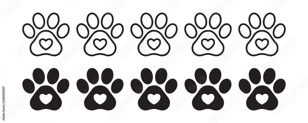 Fototapeta premium Paw print set with heart details in multiple styles for veterinary clinic branding or pet art projects.