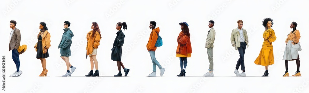 Fototapeta premium Ten diverse adults in colorful autumn coats, jackets, dresses and hats standing in profile side by side on a white background, calm casual expressions conveying poise and quiet anticipation
